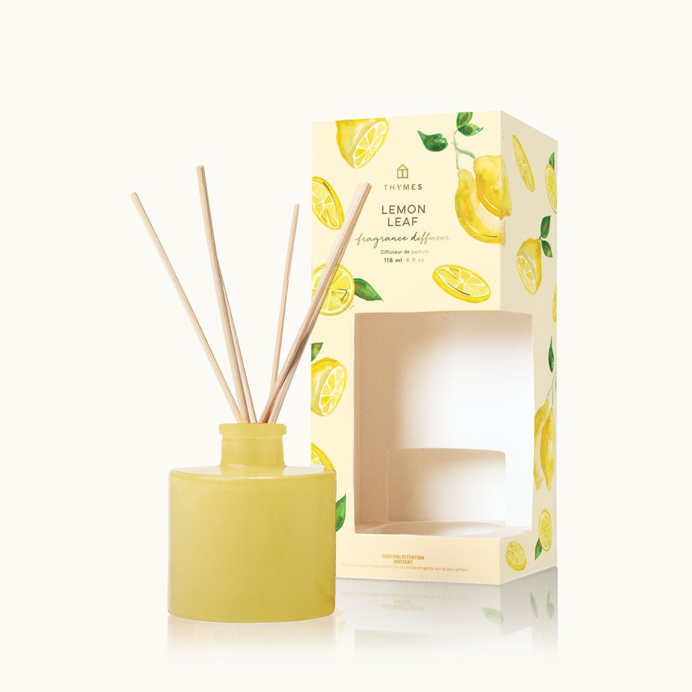 Thymes Lemon Leaf Petite Diffuser with Rattan Reeds and Yellow Blown Glass image number 1